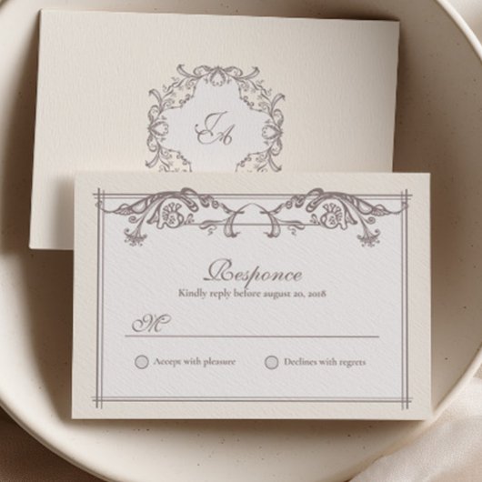 Ivoor Barok Bruiloft RSVP Kaart met Monogram
