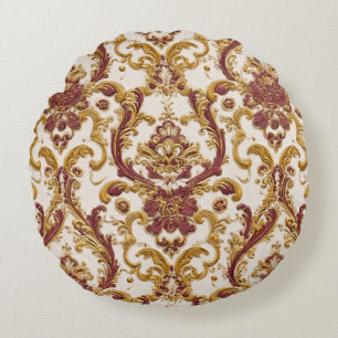 Ivoor Barok Ornament met Goud en Burgundy Rond Kussen