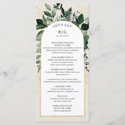 Ivoor beige elegante moderne botanische boog bruil menu (Voorkant)