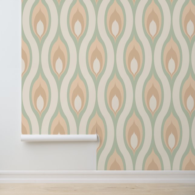 Ivoor Beige Olijf Sage Groen Tan Ogee Wave Patroon Behang (Applicatie)