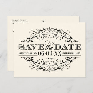  Ivoor Black Flourish Wedding Save the Date Aankondigingskaart