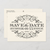 Ivoor Black Flourish Wedding Save the Date Aankondigingskaart (Voorkant / Achterkant)