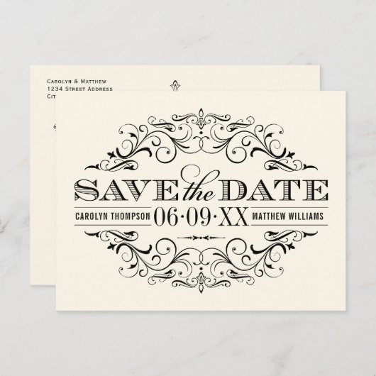  Ivoor Black Flourish Wedding Save the Date Aankondigingskaart (Voorkant / Achterkant)