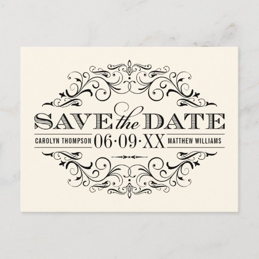 Ivoor Black Flourish Wedding Save the Date Aankondigingskaart (Voorkant)