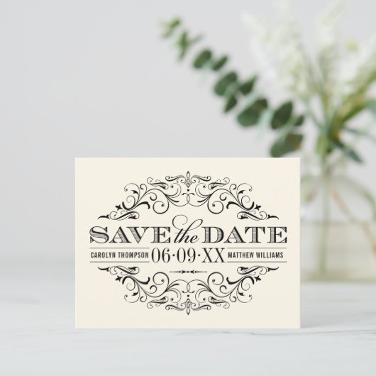  Ivoor Black Flourish Wedding Save the Date Aankondigingskaart (Staand voorkant)