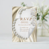 Ivoor, blauw, groene gouden zijde en parels RSVP kaartje (Staand voorkant)