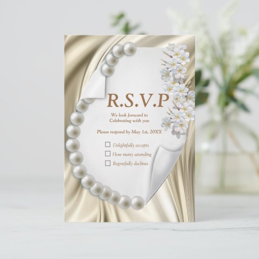 Ivoor, blauw, groene gouden zijde en parels RSVP kaartje (Staand voorkant)