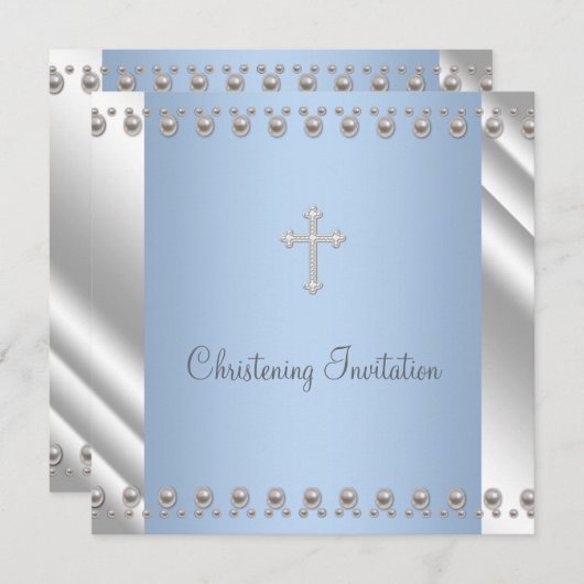 Ivoor Blauw Parel Cross Jongen Doop Kaart (Voorkant / Achterkant)
