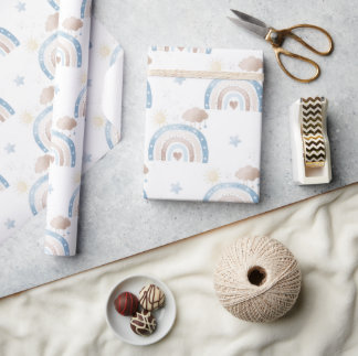Ivoor Blauw Taupe Boho Regenboog Wolken Star Boy G Cadeaupapier