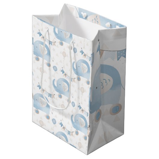 Ivoor Blauw Taupe Olifanten Ballonnen Baby Jongen  Medium Cadeauzakje (Voorkant Gekanteld)
