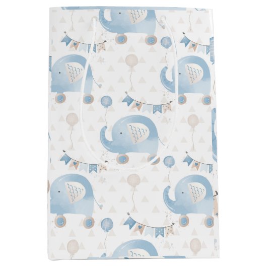 Ivoor Blauw Taupe Olifanten Ballonnen Baby Jongen  Medium Cadeauzakje (Voorkant)