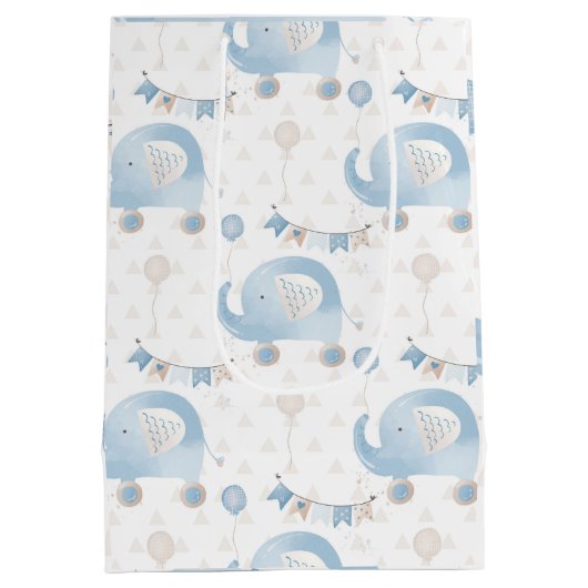 Ivoor Blauw Taupe Olifanten Ballonnen Baby Jongen  Medium Cadeauzakje (Achterkant)