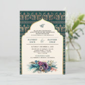 Ivoor Blauwgroen Peacock Anand Karaj Sikh Bruiloft Kaart (Staand voorkant)