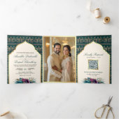 Ivoor Blauwgroen Peacock Patroon Bloemen Indische  Drieluik Uitnodiging (Binnen)