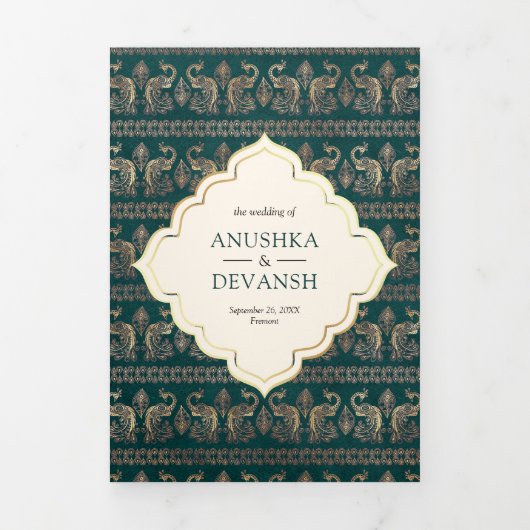 Ivoor Blauwgroen Peacock Patroon Bloemen Indische  Drieluik Uitnodiging (Cover)