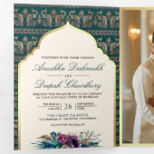 Ivoor Blauwgroen Peacock Patroon Bloemen Indische  Drieluik Uitnodiging (Binnenzijde eerst)