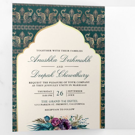 Ivoor Blauwgroen Peacock Patroon Bloemen Indische  Drieluik Uitnodiging (Binnenzijde eerst)