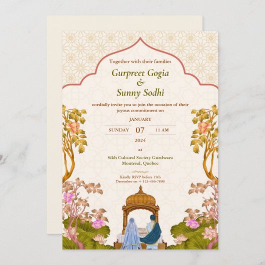Ivoor Bloem Punjabi Sikh Huwelijksuitnodiging Kaart (Voorkant / Achterkant)
