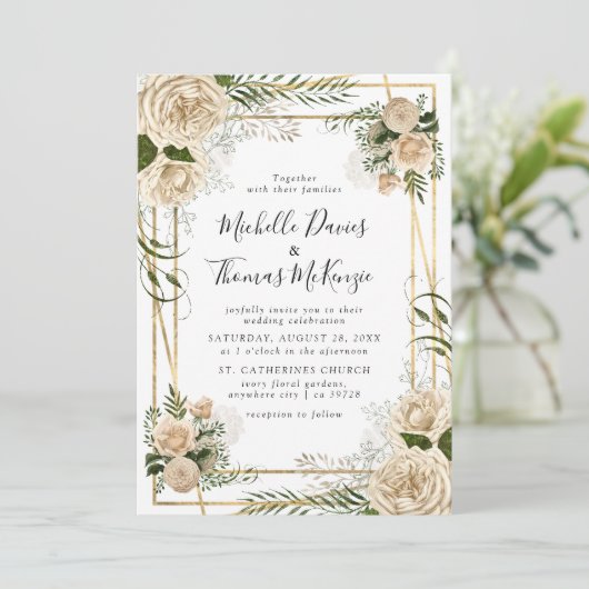 Ivoor Bloemen Boeket Elegant Bruiloft Uitnodiging (Staand voorkant)