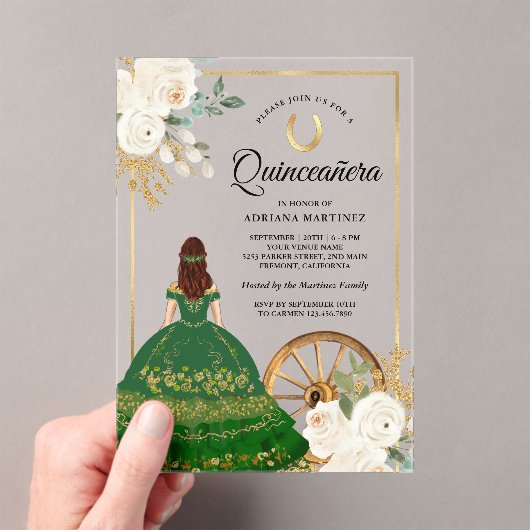 Ivoor Bloemen Groene Jurk Charro Goud Quinceanera Acryl Uitnodigingen (Insitu (Draagbaar))