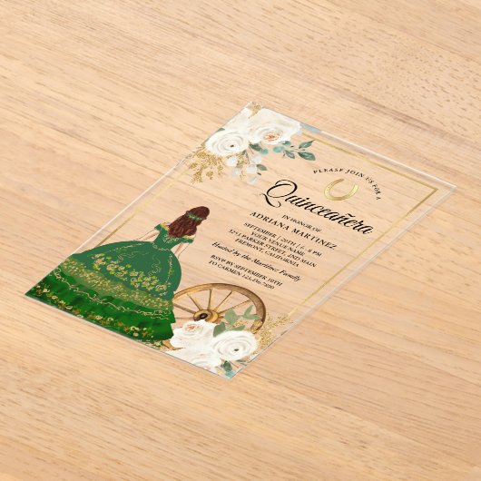 Ivoor Bloemen Groene Jurk Charro Goud Quinceanera Acryl Uitnodigingen (Laagn)