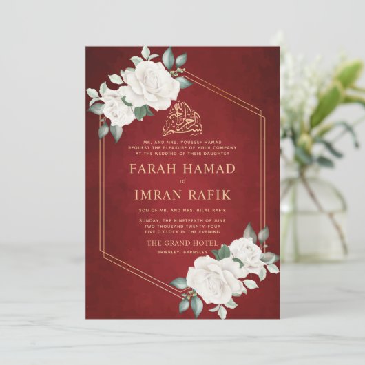 Ivoor Bloemen Lijst Rood Islamitisch Moslim Bruilo Kaart (Staand voorkant)