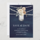 Ivoor Bloemen Mason Jar Foto Marine Blauw Huwelijk Save The Date (Voorkant)