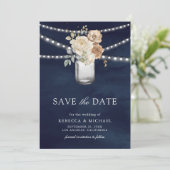 Ivoor Bloemen Mason Jar Foto Marine Blauw Huwelijk Save The Date (Staand voorkant)