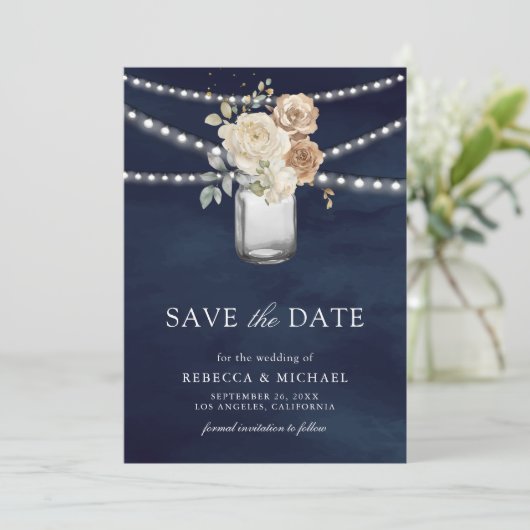 Ivoor Bloemen Mason Jar Foto Marine Blauw Huwelijk Save The Date (Staand voorkant)