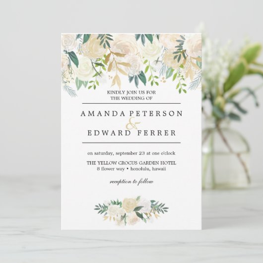 Ivoor Bloemen Rozen Groen bruiloft munt Kaart (Staand voorkant)