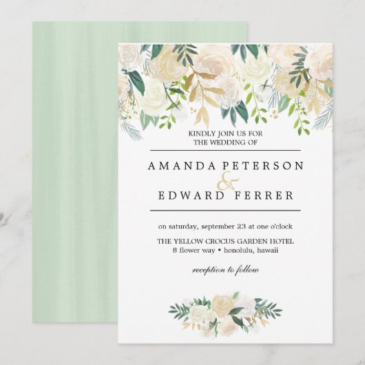 Ivoor Bloemen Rozen Groen bruiloft munt Kaart (Voorkant / Achterkant)