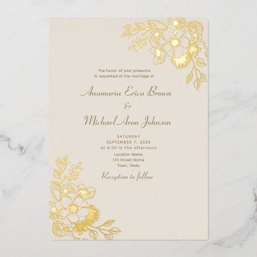 Ivoor Bloemen Trouwgoud Folie Uitnodiging (Voorkant)