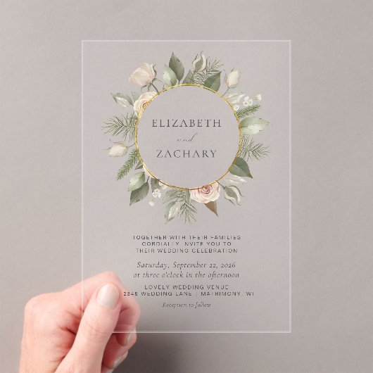 Ivoor Bloemen Waterverf Gouden Cirkel Huwelijk Acryl Uitnodigingen (Insitu (Draagbaar))