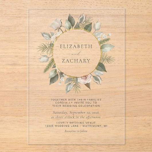 Ivoor Bloemen Waterverf Gouden Cirkel Huwelijk Acryl Uitnodigingen (Voorkant)