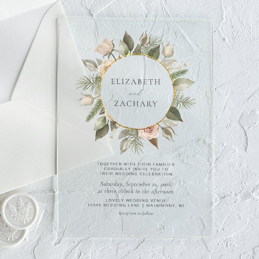 Ivoor Bloemen Waterverf Gouden Cirkel Huwelijk Acryl Uitnodigingen