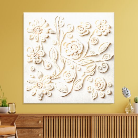 Ivoor bloemenborduurwerk canvas afdruk (Insitu (Woonkamer))