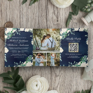 Ivoor Bloemend Sage Groen Marineblauw QR Code Trou Drieluik Uitnodiging