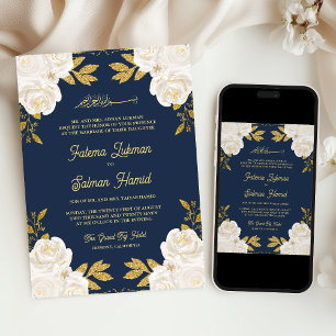 Ivoor Bloemendesign Goud Navyblauw Moslim Bruiloft Kaart