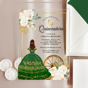 Ivoor Bloemengroen Jurk Charro Gouden Quinceanera Acryl Uitnodigingen