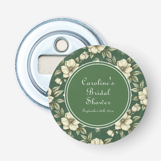 Ivoor Bloemengroen Smaragd Bruidsdouche Button Flesopener (Voorkant)
