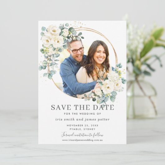 Ivoor Bloemige Eucalyptus Foto Save the Date Kaart (Staand voorkant)
