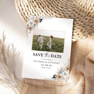 Ivoor & Blue Boho Floral Bewaar de datum met foto Save The Date