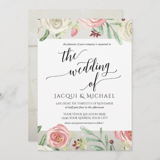 Ivoor Blush Bloemen Bruiloft Rozen Houten Plank Kaart (Voorkant / Achterkant)