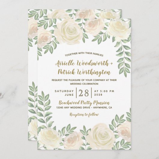 Ivoor Blush Champagne Bloemen Bruiloft Uitnodiging (Voorkant / Achterkant)