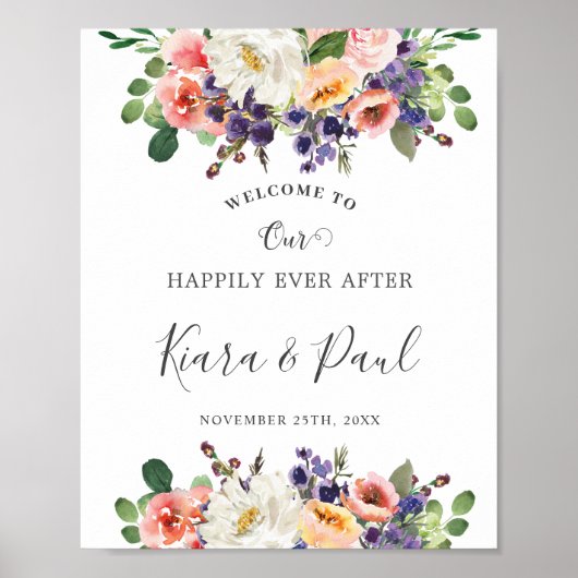 Ivoor Blush Paarse Perzik Bloemen Groen Bruiloft Poster (Voorkant)