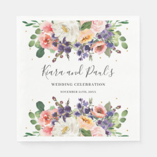 Ivoor Blush Paarse Perzik Bloemen Groen Bruiloft Servet