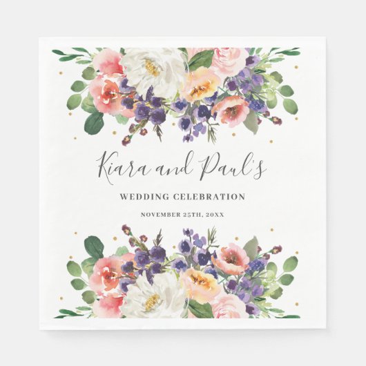 Ivoor Blush Paarse Perzik Bloemen Groen Bruiloft Servet (Voorkant)