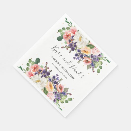 Ivoor Blush Paarse Perzik Bloemen Groen Bruiloft Servet (Hoek)