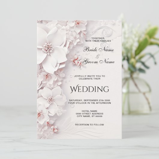 Ivoor Blush Roze Bloemen Bruiloft Uitnodiging (Staand voorkant)