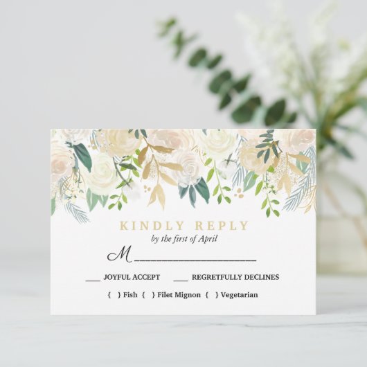 Ivoor Boeket Bloemen Bruiloft Maaltijd Keuze RSVP  (Staand voorkant)